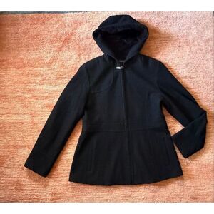 FS Limited Black Wool Blend Hooded Zip Front Coat Women Size M